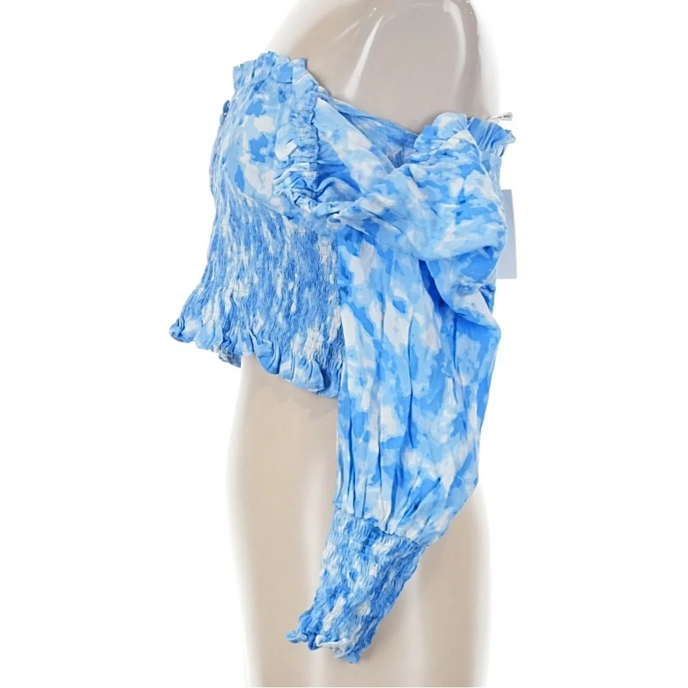 Faithfull The Brand Willow Smocked Blue Floral Top Puff Sleeve Square Neck 8 NWT